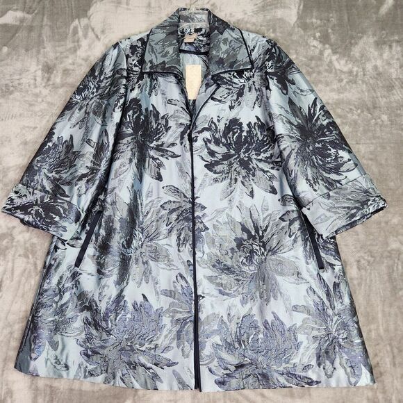 Chico's Womens Long Jacket 2/M Blue Tonal Floral Jacquard Open Front Blazer NWT - Picture 2 of 12